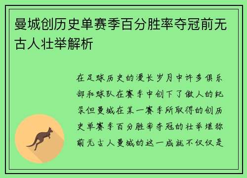 曼城创历史单赛季百分胜率夺冠前无古人壮举解析